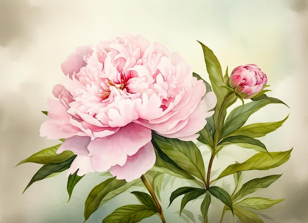 Aquarellillustration einer rosa Pfingstrosenblume