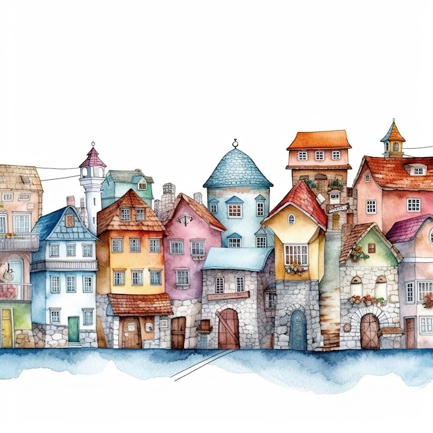 Aquarellillustration einer Stadt mit einer Burg und einer Kirche.