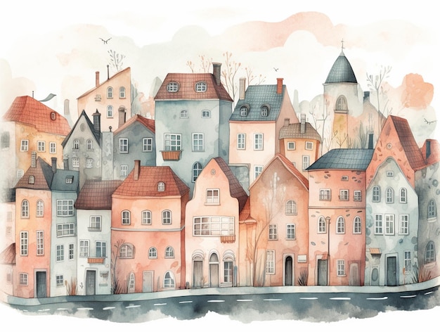 Aquarellillustration einer Stadtlandschaft mit einer Kleinstadt.