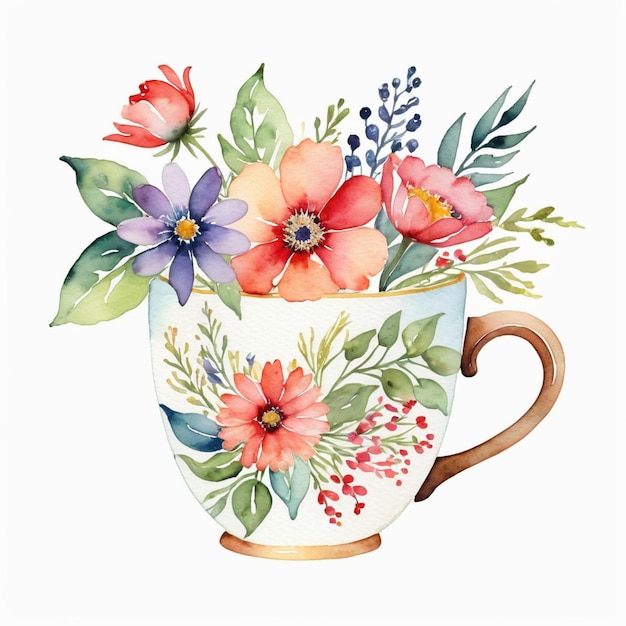 Foto aquarellillustration einer tasse tee mit blumen und blättern in aquarell-stil