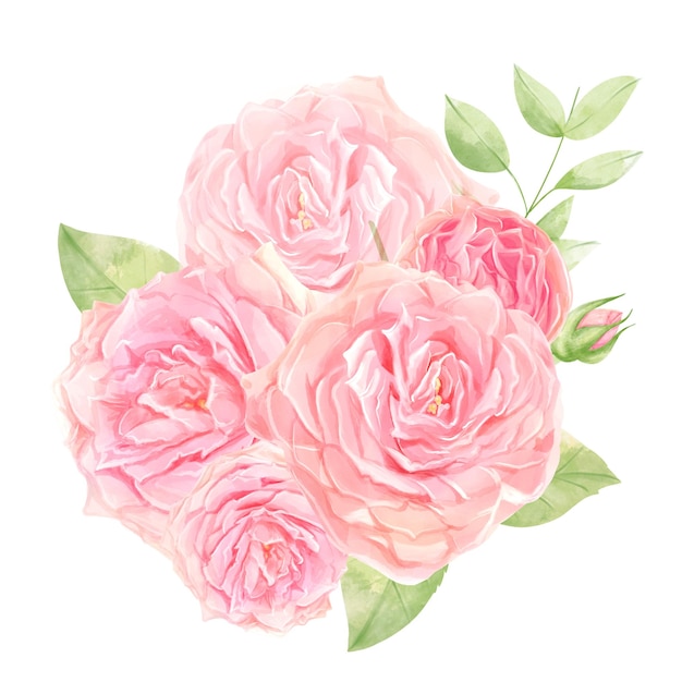 Aquarellillustration einer zarten rosa Rose mit dekorativen Blättern