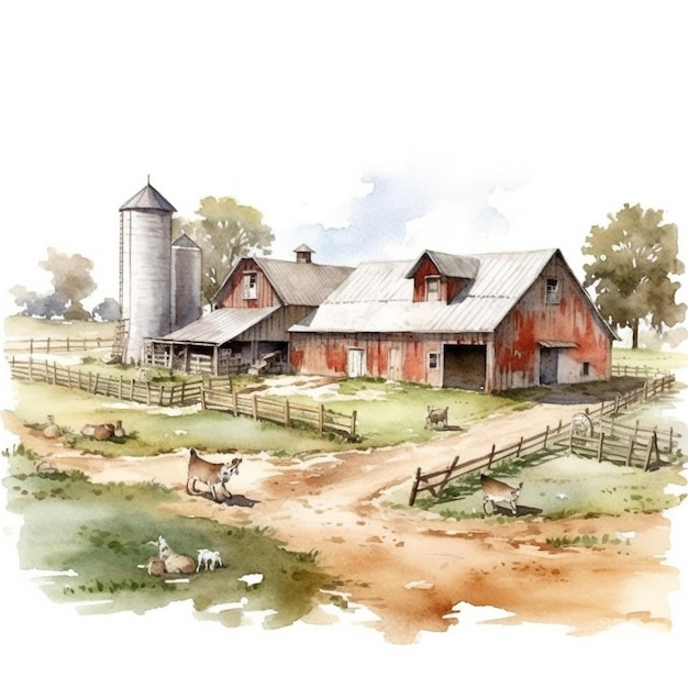 Aquarellillustration eines Bauernhofs mit Scheune und Scheune