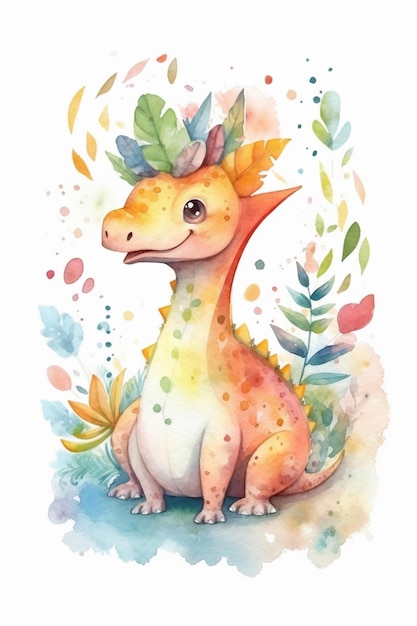 Aquarellillustration eines Drachen mit Blättern und Blumen