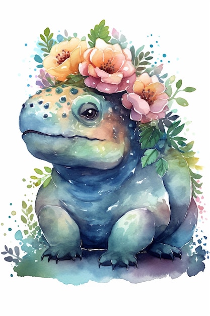 Aquarellillustration eines Geckos mit Blumen auf dem Kopf