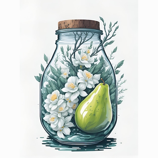 Aquarellillustration eines Glasgefäßes mit Birne und Blumen, die von Ai erzeugt wurden