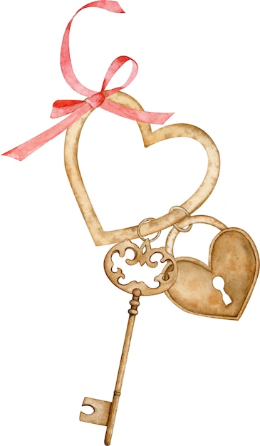 Aquarellillustration eines goldenen Schlüssels und des Schlosses, die auf dem herzförmigen Ring mit einer roten Schleife hängen.