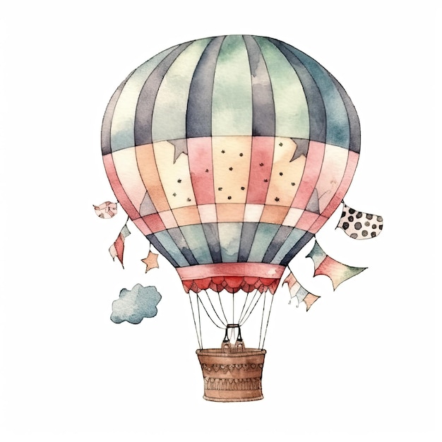 Aquarellillustration eines Heißluftballons mit einer Flagge an der Spitze.