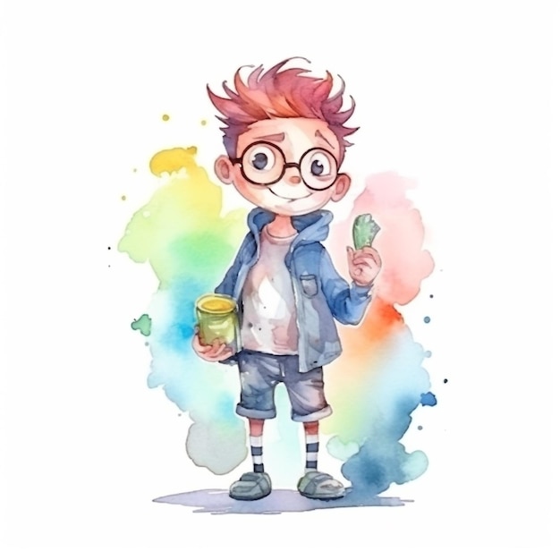 Aquarellillustration eines Jungen mit Brille und einem Glas Eis.