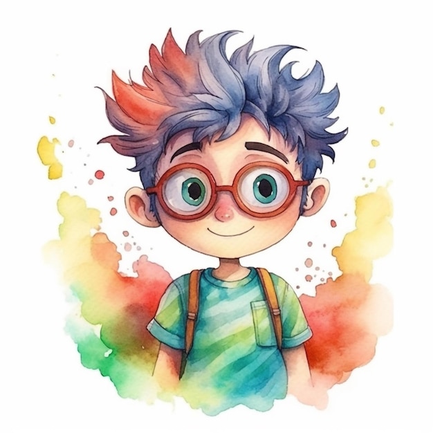 Aquarellillustration eines Jungen mit regenbogenfarbenen Haaren und Brille.