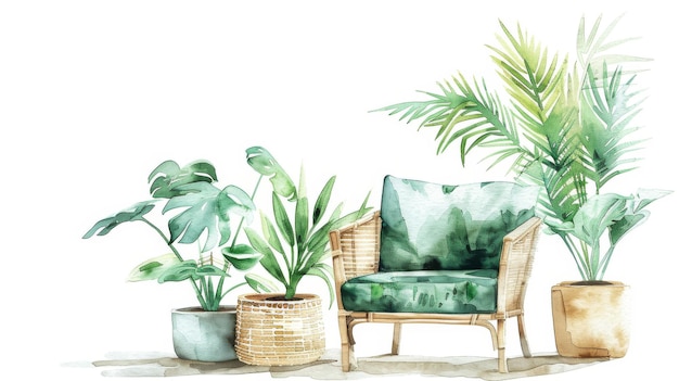 Aquarellillustration eines minimalistischen Innenraums mit bequemem Sessel und grünen Pflanzen Städtischer Dschungel Isolierter Lounge-Bereich