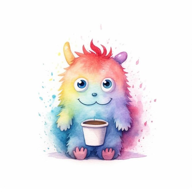 Aquarellillustration eines Monsters mit einer Tasse Kaffee.