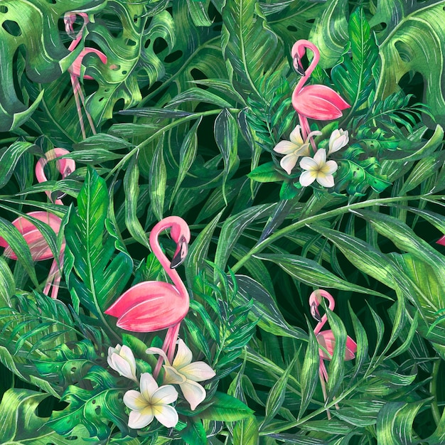 Aquarellillustration eines rosa Flamingos mit tropischen Blättern