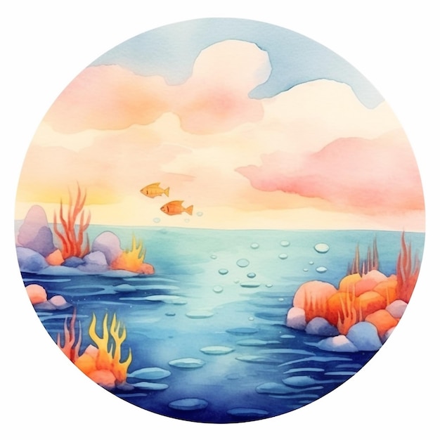 Aquarellillustration eines Sonnenuntergangs mit Fischen und Pflanzen