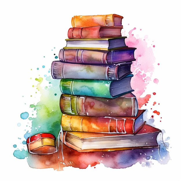 Aquarellillustration eines Stapels Bücher mit einer roten Kerze in der Mitte