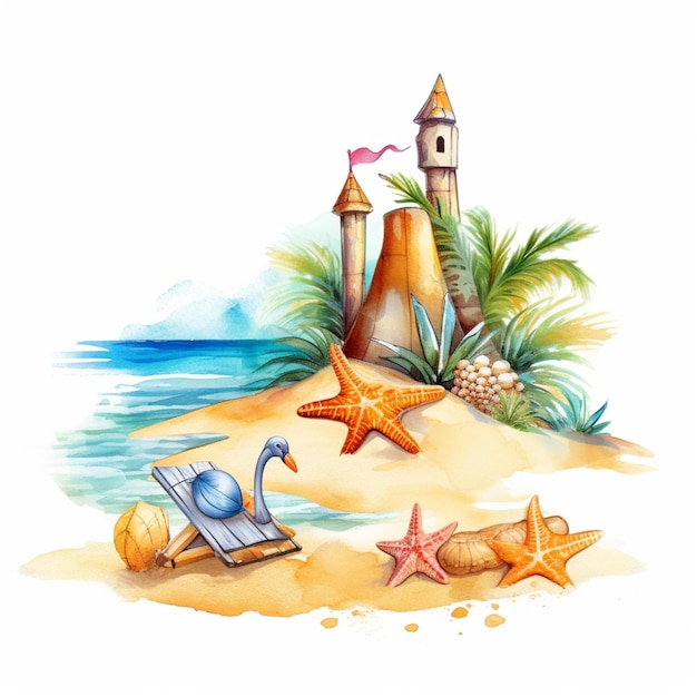 Aquarellillustration eines Strandes mit einer Sandburg und einem Seestern.