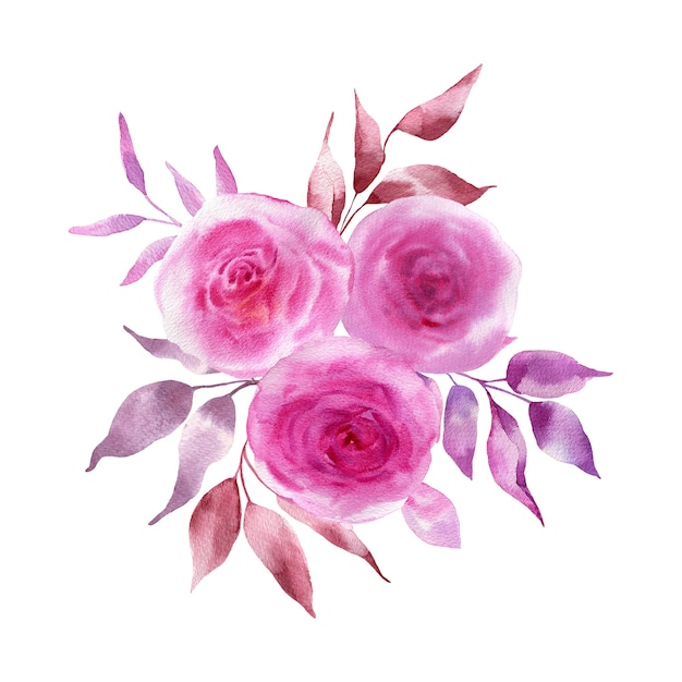 Aquarellillustration eines Straußes von blauen Rosen und Zweigen.