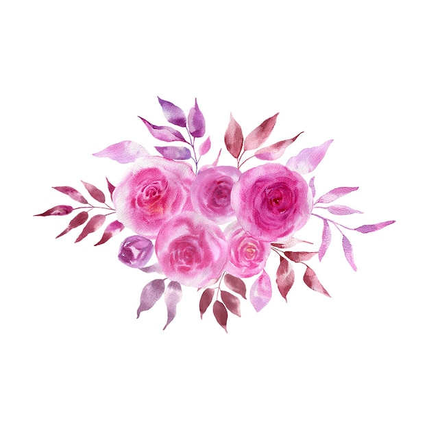 Aquarellillustration eines Straußes von blauen Rosen und Zweigen.