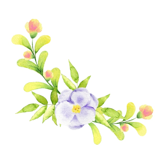 Aquarellillustration eines Straußes von blauen Rosen und Zweigen.