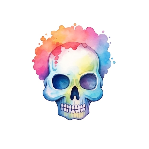 Aquarellillustration eines Totenkopfes mit Regenbogenhaaren.