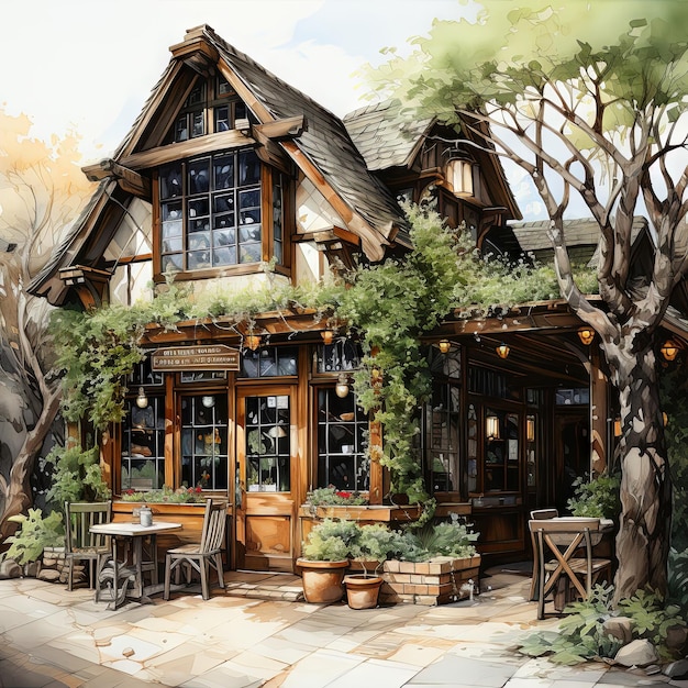 Aquarellillustration eines Vintage-Café-Außenraums Ein historisches Café im Tudor-Stil mit freiliegenden Balken