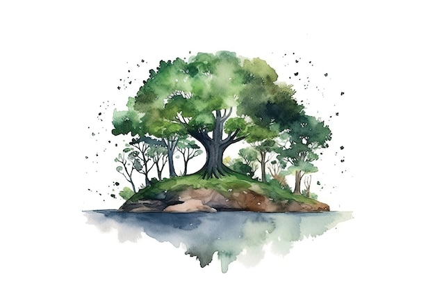 Aquarellillustration eines Waldes mit einem Baum auf der Insel.