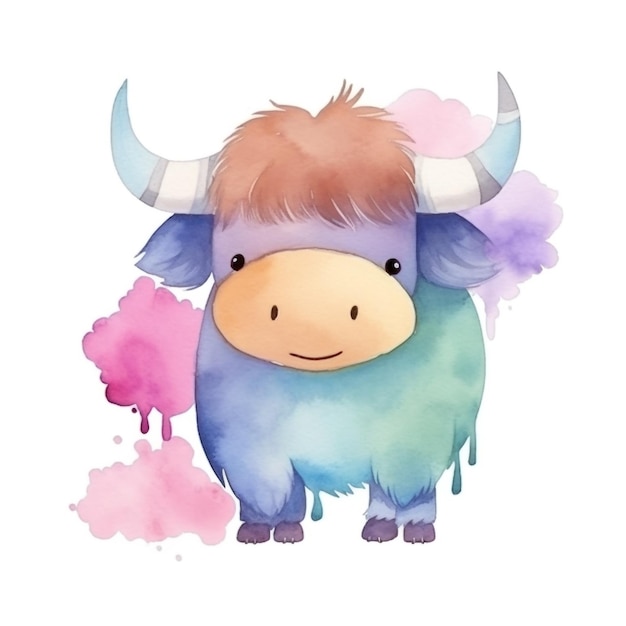 Aquarellillustration eines Yaks mit einem rosa Baum im Hintergrund.