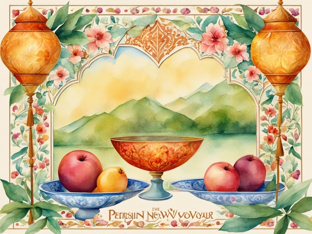 Aquarellillustration für das persische Neujahr mit dem Text Happy nowruz