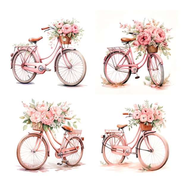 Aquarellillustration Hochzeit Blumen Fahrrad rosa