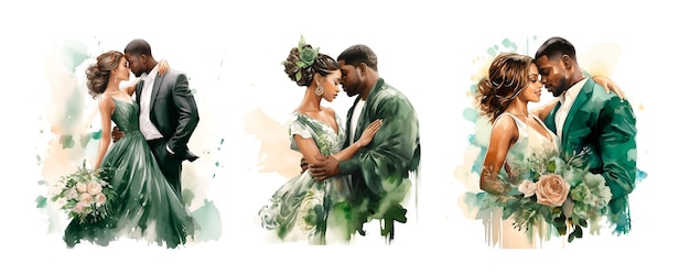 Aquarellillustration Hochzeit Bräutigam und Braut afrikanisches Porträt Smaragdgrün