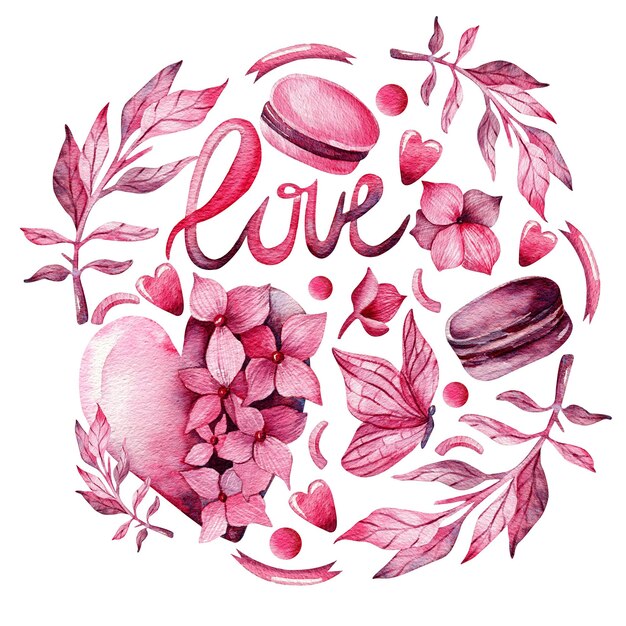 Aquarellillustration im Kreis Blumen rosa Herz Makaronen Schmetterlinge rosa Zweige Liebe