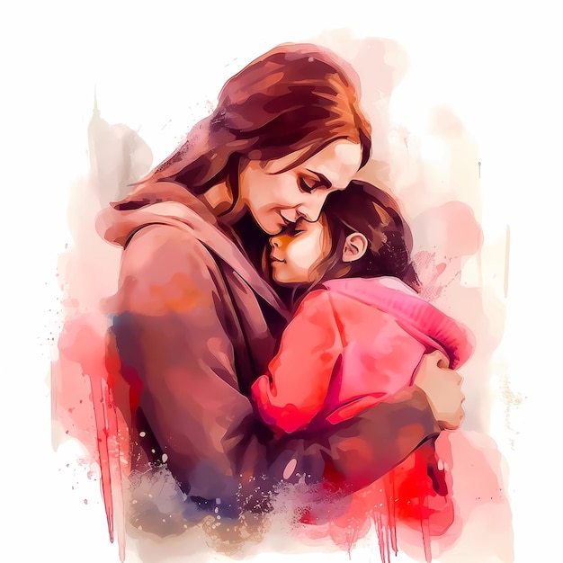 Aquarellillustration, in der Mutter ihre Tochter in rosa Farben umarmt