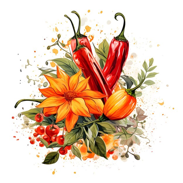 Aquarellillustration Küchen Gewürze Chili Pfeffer Jalopeno Pfeffer