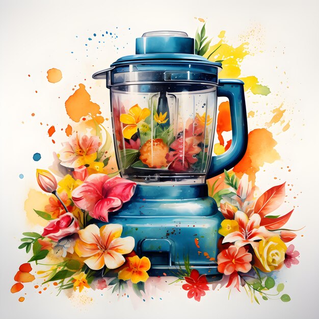 Aquarellillustration Küchenkomposition Mixer mit Blumen