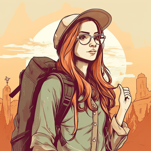 Aquarellillustration mit einer Reisendenfrau mit Rucksack Generative KI