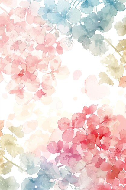 Aquarellillustration mit rosa und blauen Hortensieblüten und Platz für Text