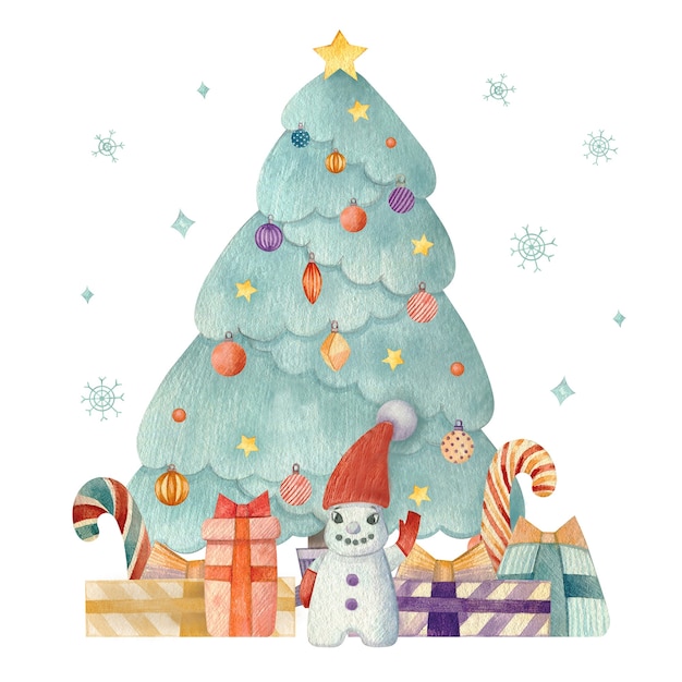 Aquarellillustration mit Weihnachtsbaum und Schneemann mit Geschenken