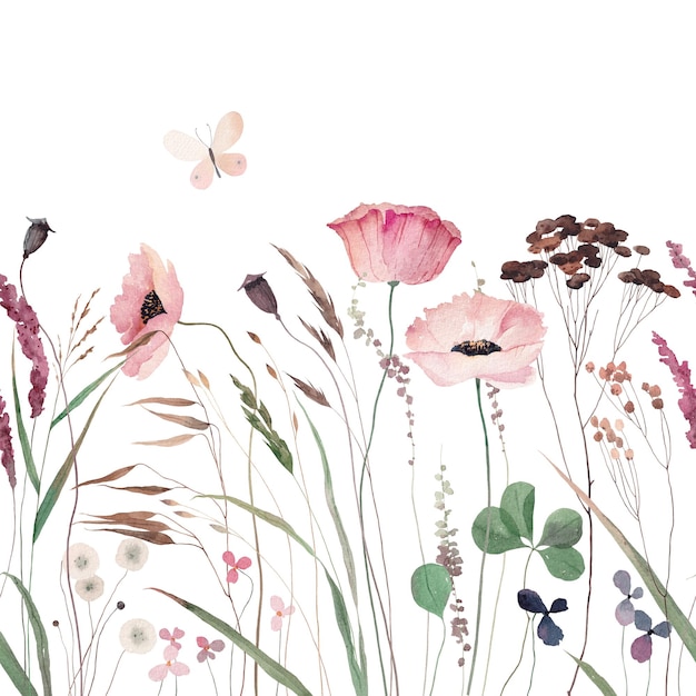 Foto aquarellillustration mit wildblumenkräutern und schmetterling sommerwiese