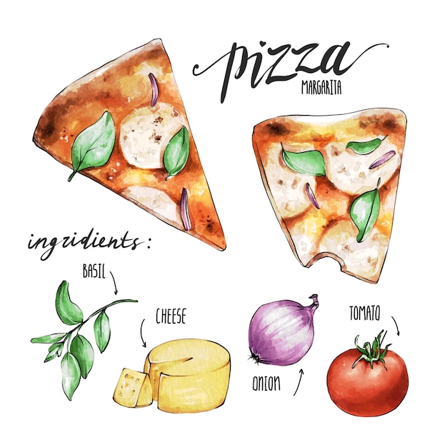 Aquarellillustration, Pizza Margarita mit Zutaten, italienische Küche, Rasterillustration, isoliert