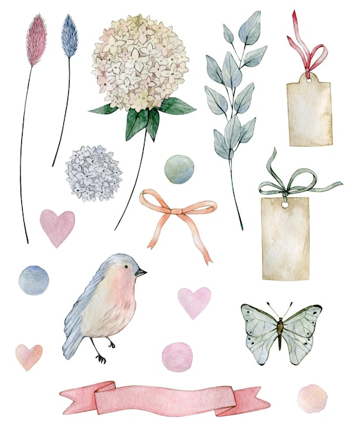 Foto aquarellillustration romantisches set mit blumen punktiert papieretiketten vogeleukalyptus und herzen