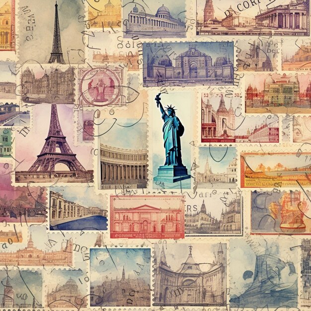 Aquarellillustration Sammlung alter Briefmarken in einem faszinierenden Mosaikmuster