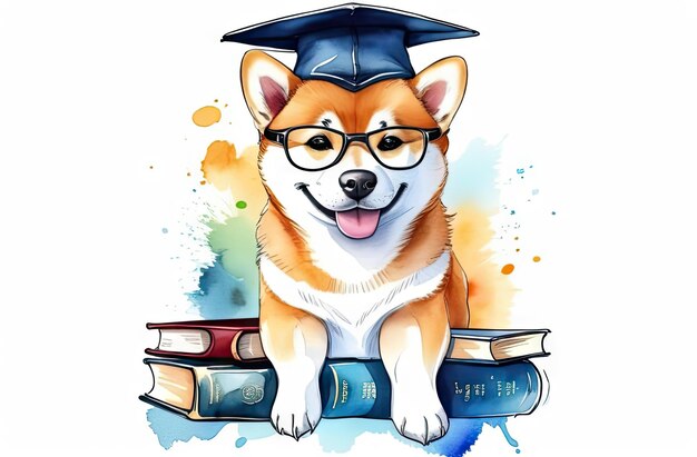 Aquarellillustration süßer Shiba-Hund mit Abschlussmütze und umgeben von Büchern