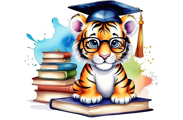 Aquarellillustration süßer Tiger mit Abschlussmütze und umgeben von Büchern