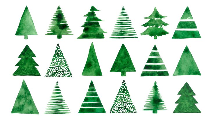 Foto aquarellillustration vieler kleiner weihnachtsbäume mit verschiedenen mustern