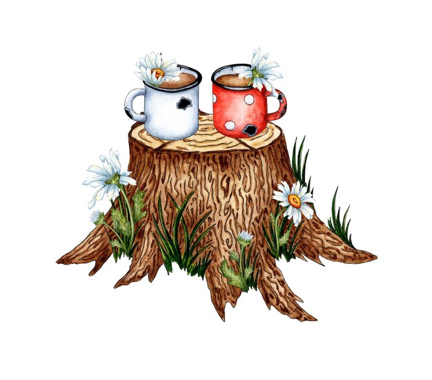 Aquarellillustration von Emaillebechern mit Tee und Kamille, die auf einem Baumstumpf stehen