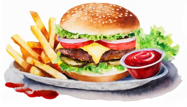 Aquarellillustration von Fast-Food-Burger, Pommes Frites und Ketchup, handgezeichnete Kunst