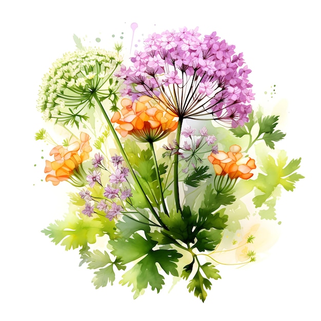 Aquarellillustration von Gewürzen, ein Bündel Petersilie mit Petersilieblumen