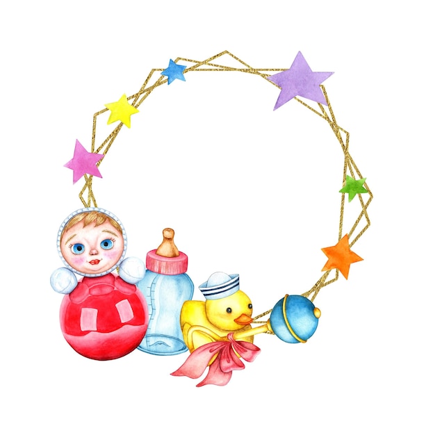 Foto aquarellillustration von goldenen geometrischen rahmen für kinderprodukte tumbler-flasche gummiente