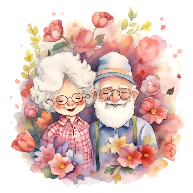 Aquarellillustration von Großeltern mit Blumen