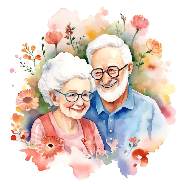 Aquarellillustration von Großeltern mit Blumen