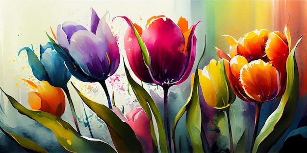 Aquarellillustration von hellen und bunten Tulpen. Tulpen blüht Hintergrund.